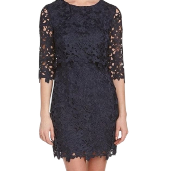Navy Lace Dress Cynthia Steffe Audrey Floral lace Sheath Party 3/4 Sleeves Sz 6 - Picture 3 of 7